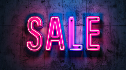 Vibrant neon SALE sign in pink, purple, and blue on a black background. Perfect for catching eyes in street. Topic of sales and marketing in the field of advertising and design.
