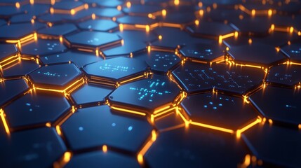 Obraz premium A futuristic hexagonal grid illuminated with glowing patterns, suggesting advanced technology.