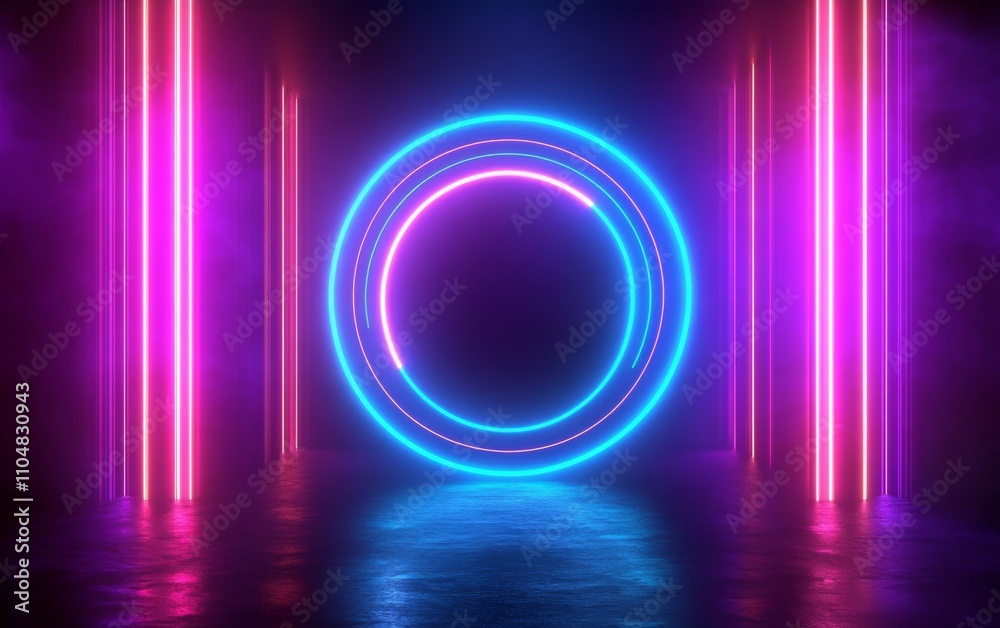 Poster Neon Glowing Circular Frame in Virtual Neon Space with Abstract Geometric Background