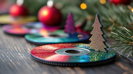 Recycling during festive seasons promotes sustainability. Recycled holiday-themed coasters crafted from old CDs, featuring a vibrant design for festive decor.