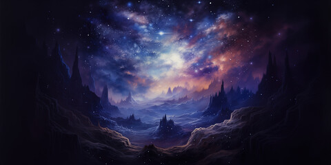 Fototapeta premium 2D illustration of Celestial Galaxy with Twinkling Stars and Bright Nebula, A Cosmic View of the Universe