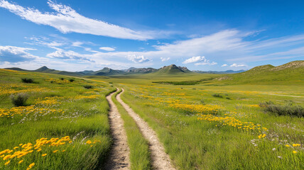 Obraz premium scenic landscape featuring winding dirt path through vibrant yellow wildflowers and lush green
