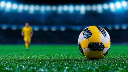 A close-up of a soccer ball on a lush green field, with a player blurred in the background, illuminated by stadium lights.