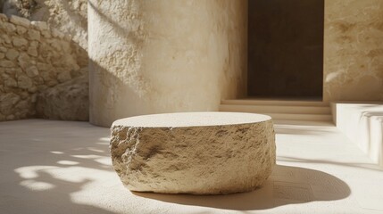 Minimalist stone pedestal in sunlit beige architecture, creating a serene and elegant display. Perfect for product placement, branding, or design inspiration.
