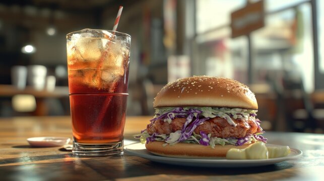 A delicious sandwich and a refreshing drink on a wooden table in a casual dining setting. - Powered by Adobe
