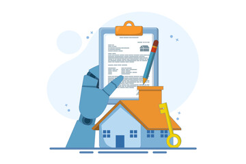 house agreement concept in real estate agency. beautiful house with application form, form. Real estate agent buy house real estate contract. Vector flat graphic design illustration.