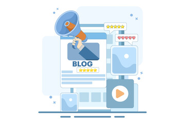Blogger Concept, Blog content, Blogging, posting for web pages, banners, presentations, social media, documents, cards, posters. Commercial blog posting, Internet, Make You Satisfied. Vector illustrat