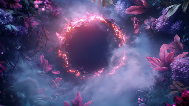 A fantasy-inspired frame with glowing runic symbols, surrounded by mystical fog and enchanted floral motifs, vibrant jewel tones, magical and captivating. Runic. Illustration