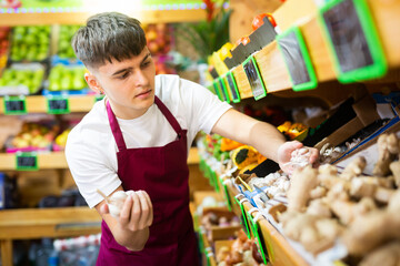Hardworking guy seller working in a vegetable store puts ginger root on the counter for sale