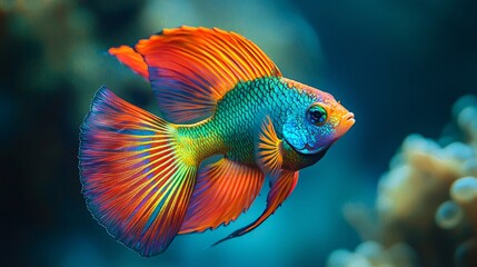 Fototapeta premium Magical Peacock Fish Glides Gracefully Through the Deep Sea with a Brilliant Tail 