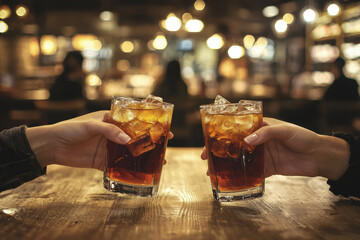 Cheers with two glasses of iced drinks in cozy bar setting, capturing moment of connection and enjoyment. warm ambiance enhances experience