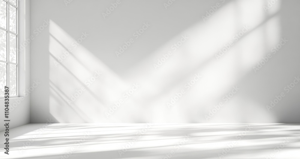 Poster minimalist white wall with natural light soft shadows and depth for product presentation