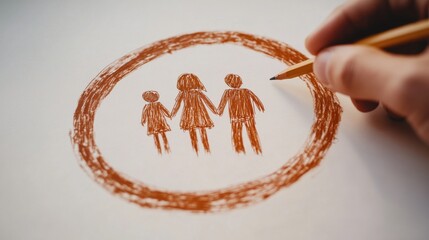 Family Drawing with Protective Circle on Paper