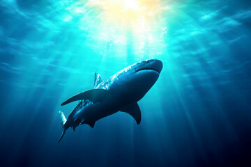 Fototapeta premium A majestic shark swimming gracefully in clear blue waters.