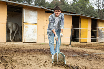 Guy cleans up horse poop in a horse pasture using a broom and dustpan © JackF