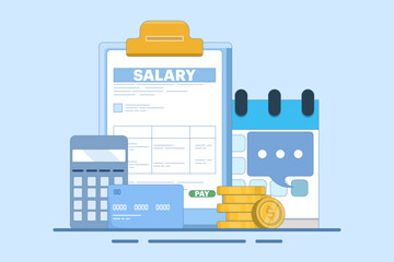 Payroll Concept, payroll administration, accountant calculating salary, Expenses, salary calculation for web landing page template, banner, flyer. Flat vector illustration on background.