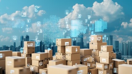 Stacked cardboard boxes against a skyline, with digital data overlay representing logistics and e-commerce technology.