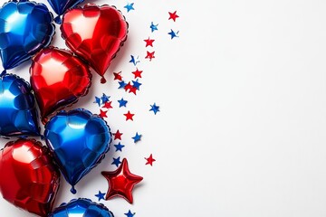 Red and Blue Metallic Star Balloons with Star Confetti for Independence Day Celebration on White Background