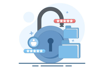 file security and safety concept. folder lock application or software. giving a password to a document. user with a big padlock. vector illustration in flat style design.