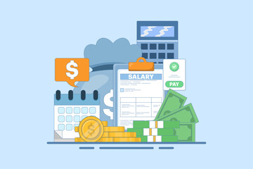 Payroll Concept, payroll administration, accountant calculating salary, Expenses, salary calculation for web landing page template, banner, flyer. Flat vector illustration on background.