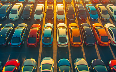 Fototapeta premium Rows of new cars parked in an urban dealership lot, showcasing modern automotive industry transport and sale in a well organized business environment.
