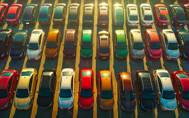 Fototapeta premium Rows of new cars parked in an urban dealership lot, showcasing modern automotive industry transport and sale in a well organized business environment.