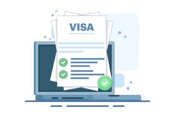 digital nomad concept online visa approved. visa approval on device or national electronic foreign travel. flat graphic design illustration on background.