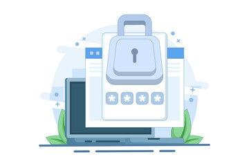 Website password security access notification concept on laptop computer, web internet notification verification code on device screen for authentication, flat vector illustration on background.