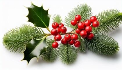 Winter Holly Branch with Berry isolated white background