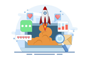 Fototapeta premium Startup business concept, new business launch, Startup business email, Social media, SEO analysis. Easy startup strategies, creative projects to start a business. Vector illustration.