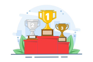 Fototapeta premium Concept of winner podium with trophies. Prizes for champions. Gold, silver and bronze cups. Winners with awards. About business success, awards, career, successful projects and competitions.