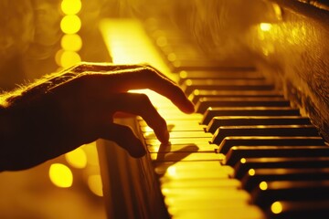 Golden Hour Piano Performance: A Musician's Hand Gently Plays Melodious Tunes on Antique Keys