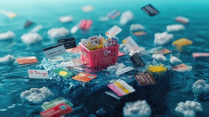 A surreal scene of a pink shopping basket afloat in water, surrounded by various credit cards, evoking themes of consumerism and financial chaos.