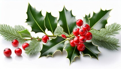Obraz premium Winter Holly Branch with Berry isolated white background