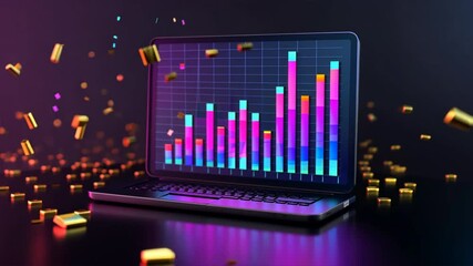 Colorful Data Visualization on Laptop Screen Vibrant Bars and Confetti Celebrating Technology and Analytics in Digital Environment - Powered by Adobe
