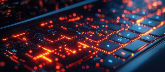 Fototapeta premium Close-up of glowing red circuit board with blue keyboard keys.