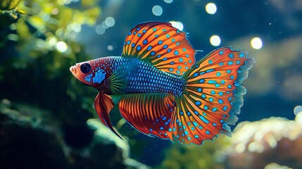 A Magical Peacock Fish Swims Through the Deep Ocean, Tail Shimmering Brightly  