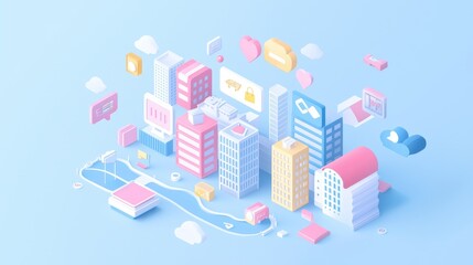 A vibrant, stylized 3D cityscape with colorful buildings, clouds, and a winding river, set against a soft blue background, representing modern urban life.