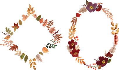 hand painted watercolor flower and leaves wreath and frame