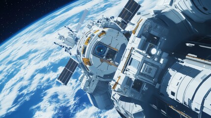 Fototapeta premium A robotic space construction project assembling a space station in Earth orbit, autonomous construction drones building modular habitats, Space Construction style