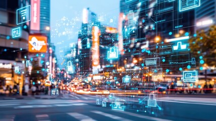 Obraz premium A vibrant cityscape at dusk, showcasing traffic and digital overlays representing technology and connectivity in an urban environment.