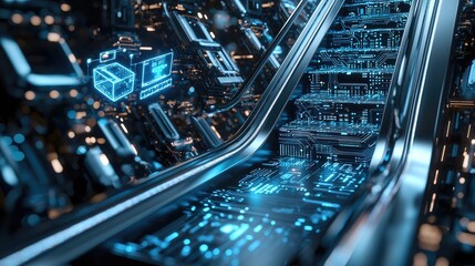 A futuristic scene featuring illuminated circuitry and a sleek staircase, showcasing advanced technology in a digital environment.