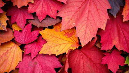 a collection of leaves in autumn colors, with each leaf showing distinct veins and textures, layered on top of each other