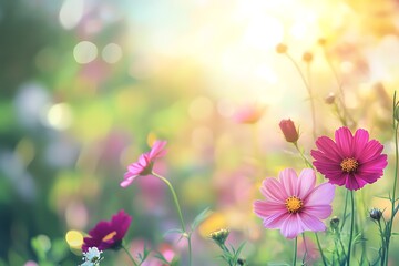 Naklejka premium Cosmos flowers blooming in the garden with sun light, nature background