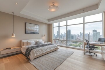 A brightly lit modern bedroom with minimalist design elements and strategically placed windows reflecting the light and creating an airy serene atmosphere.