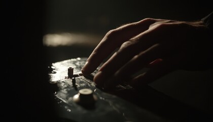 Obraz premium A Hand Gently Adjusting the Controls of an Antique Audio Device in a Dark Room, A Close-Up Shot Emphasizing Texture and Shadow