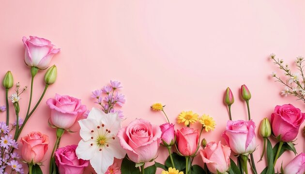 Colorful flower arrangement on pink background with copy space for text - Powered by Adobe