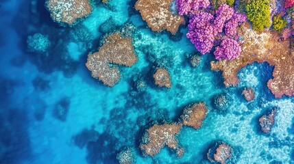Fototapeta premium Aerial view of vibrant coral formations and clear blue water.