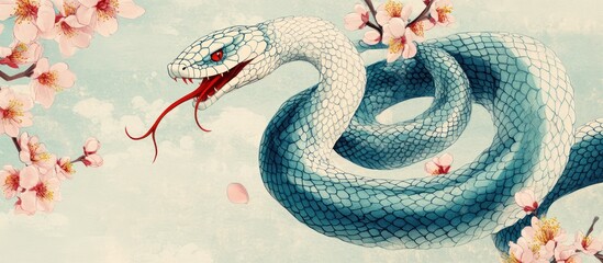 Obraz premium Serene Serpent Amidst Cherry Blossoms: A Digital Painting