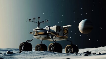 Naklejka premium A robotic space exploration mission to Saturn's moon Titan, advanced spacecraft with exploration drones, Space style